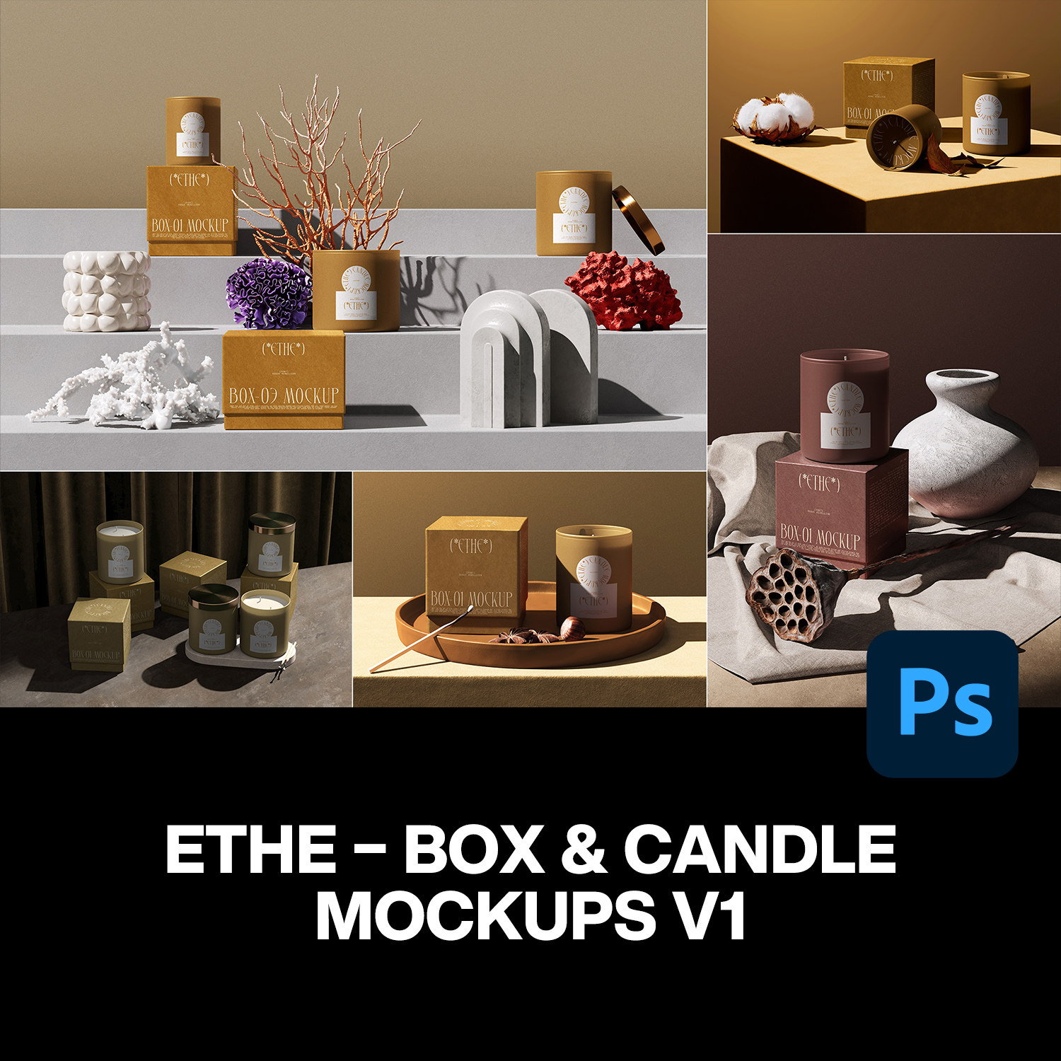 7款自然高级侘寂风蜡烛香薰礼盒包装设计作品展示效果图ps样机