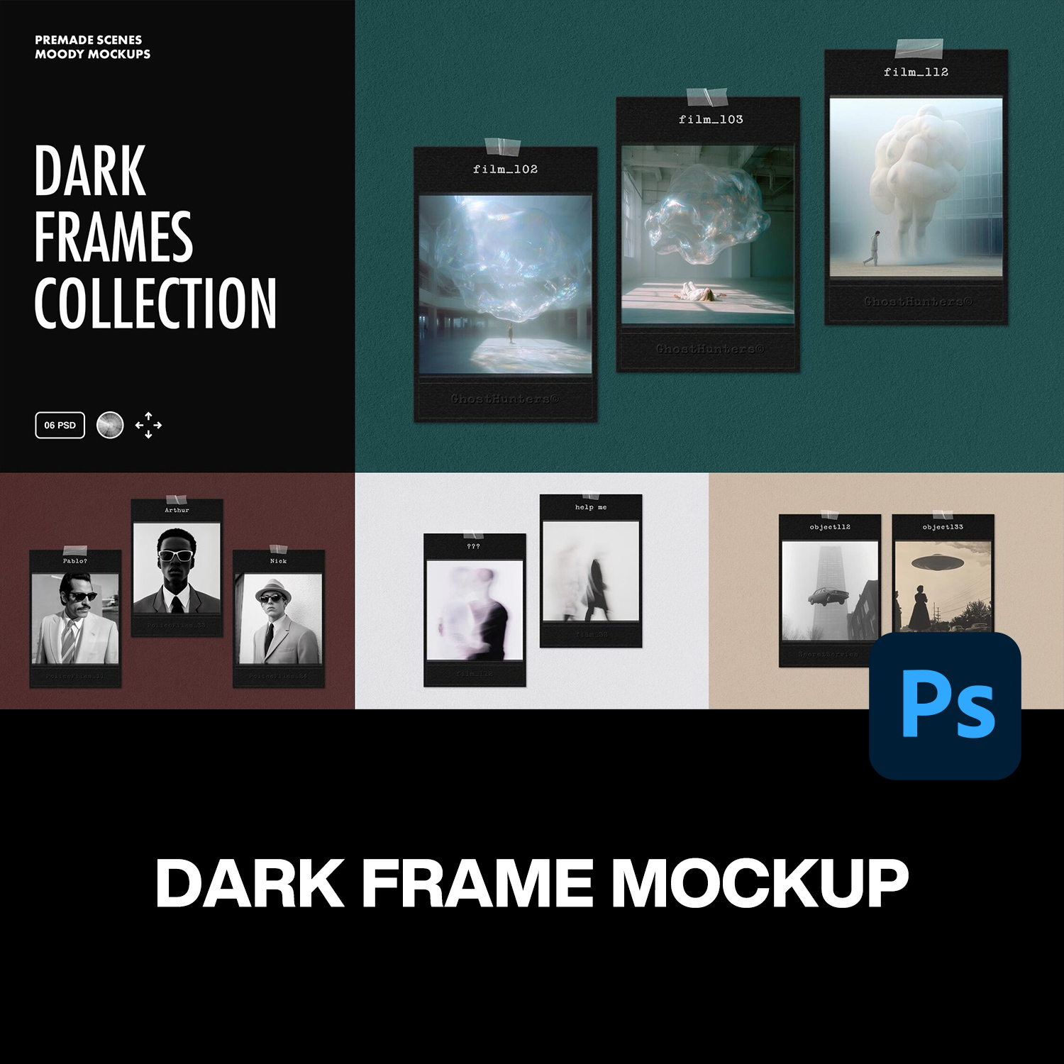 6款复古黑色宝丽来拍立得一次成像胶片相纸边框展示效果图ps样机