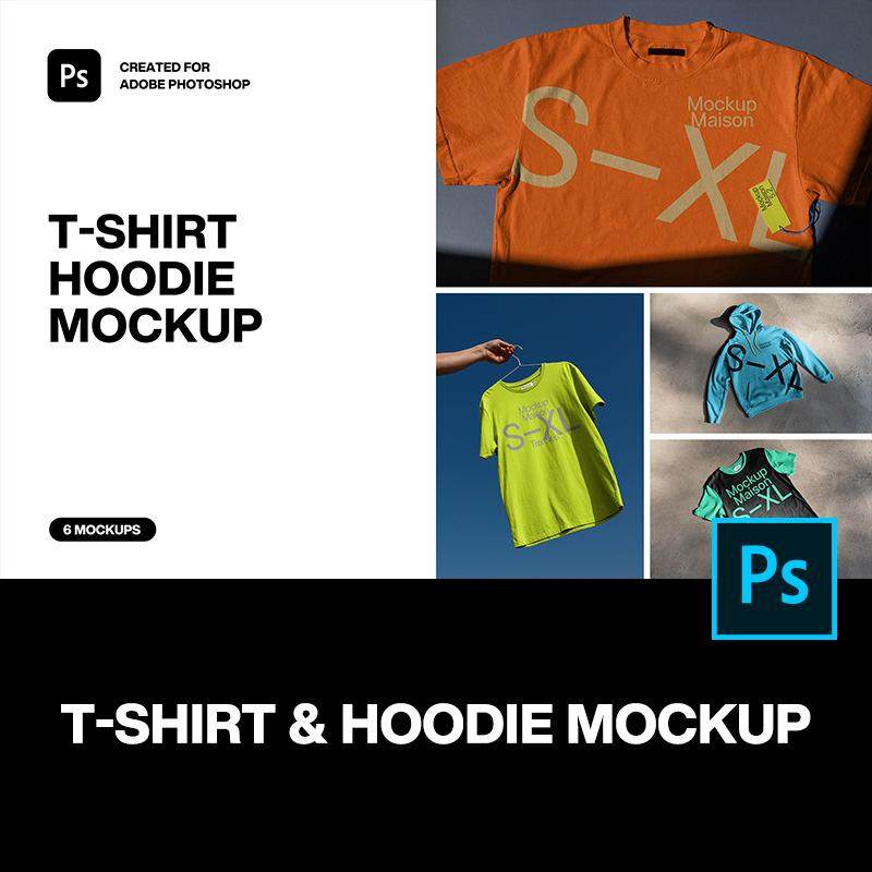 6款工业风潮牌连帽长袖卫衣短袖T恤上衣服装设计ps样机展示效果图