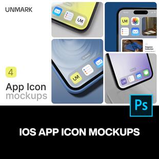 4款iPhone手机APP应用图标logo设计作品ps样机场景展示效果模板