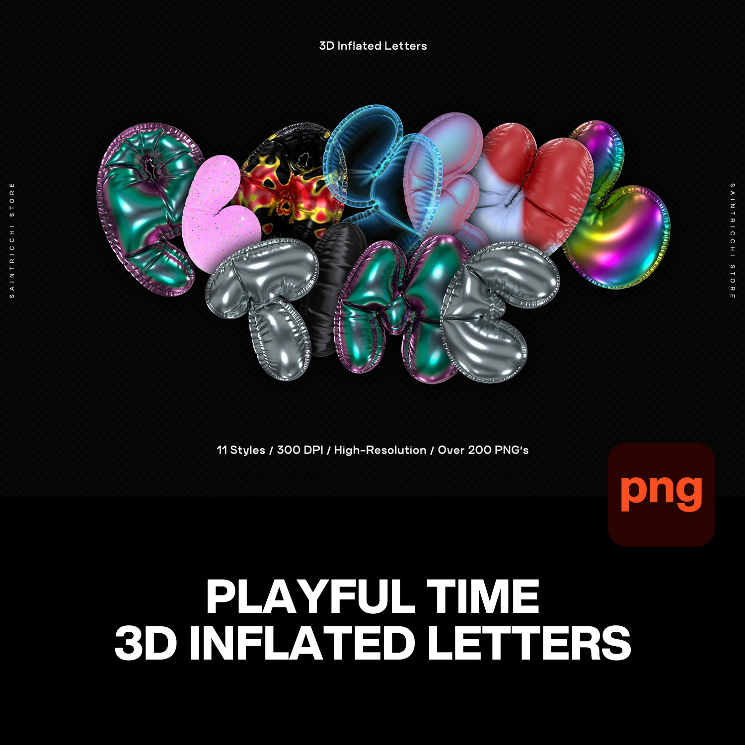 11套潮流时尚3D充气铝箔英文字母派对装饰气球png免抠图片素材
