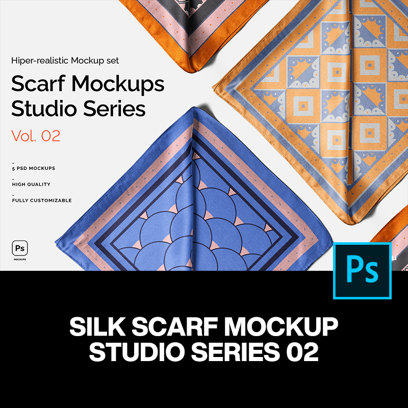 5款丝绸面料围脖丝巾披肩方巾手帕围巾印花图案设计ps样机素材
