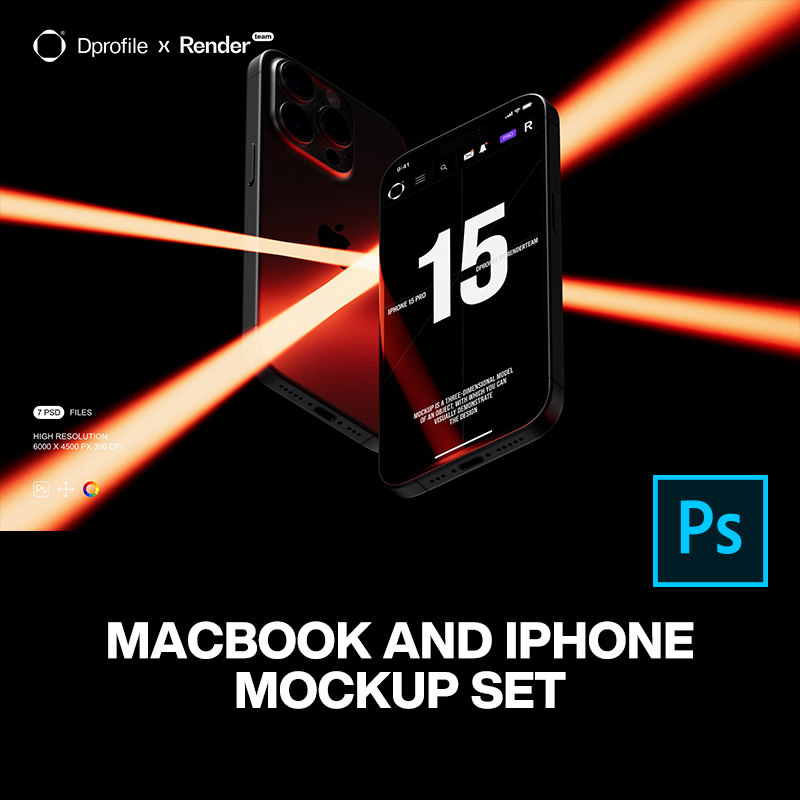 7款镭射灯光iPhone手机Macbook笔记本电脑ps样机素材展示效果图
