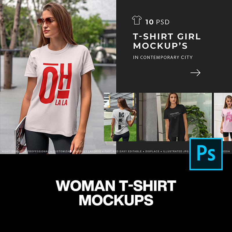 10款女模特T恤短袖上衣服装设计ps样机素材街拍场景展示效果图