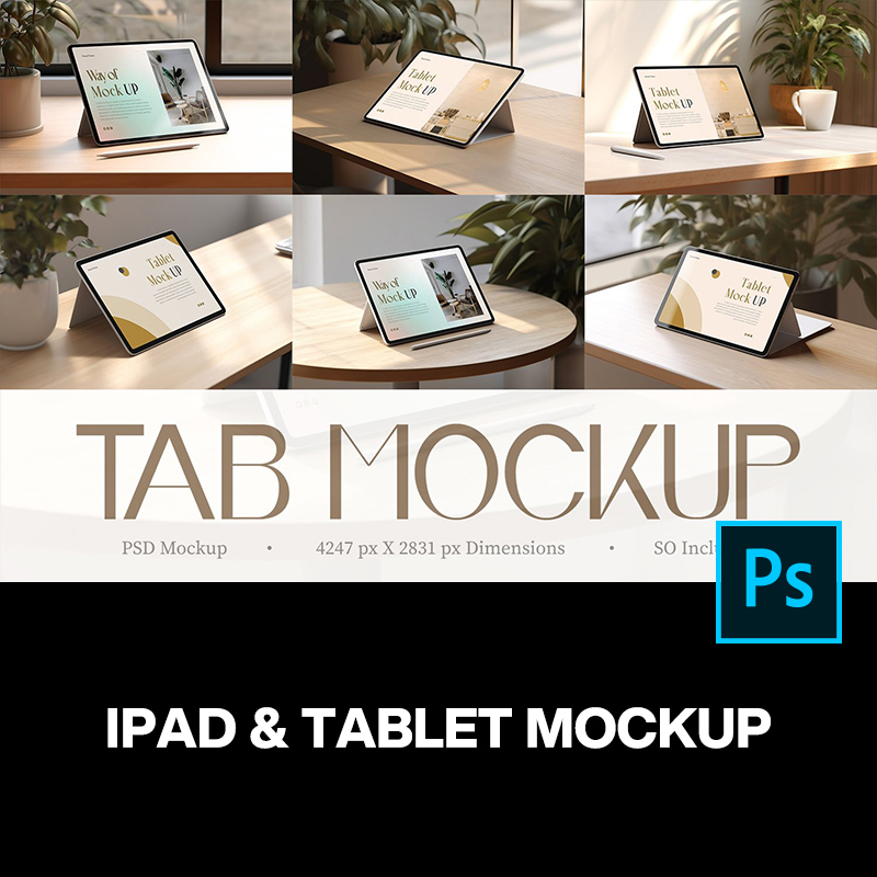 6款原木书桌iPad平板电脑ui界面设计作品展示效果图ps样机素材