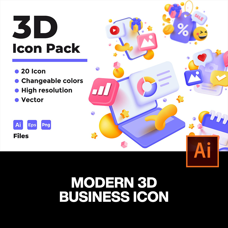 20款3D立体卡通商务金融交易数字钱包社交网络电商icon图标ai素材