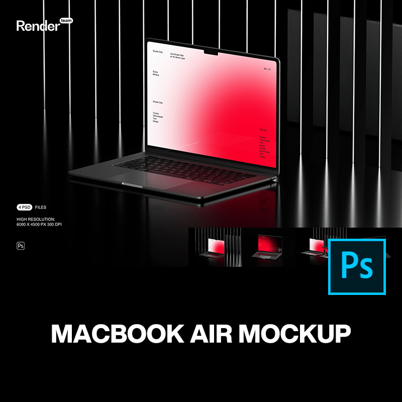 4款工业风MacBook笔记本电脑ui设计作品贴图ps样机素材展示效果图