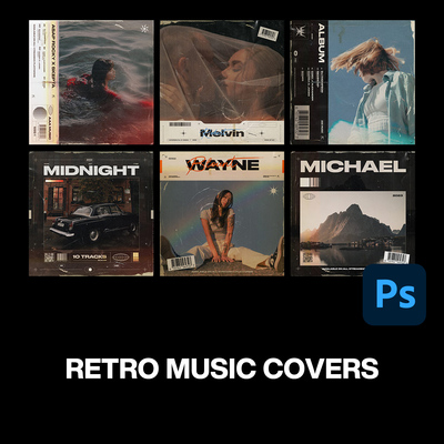 6款潮流复古做旧黑胶唱片音乐CD专辑封面排版设计PS特效样机模板