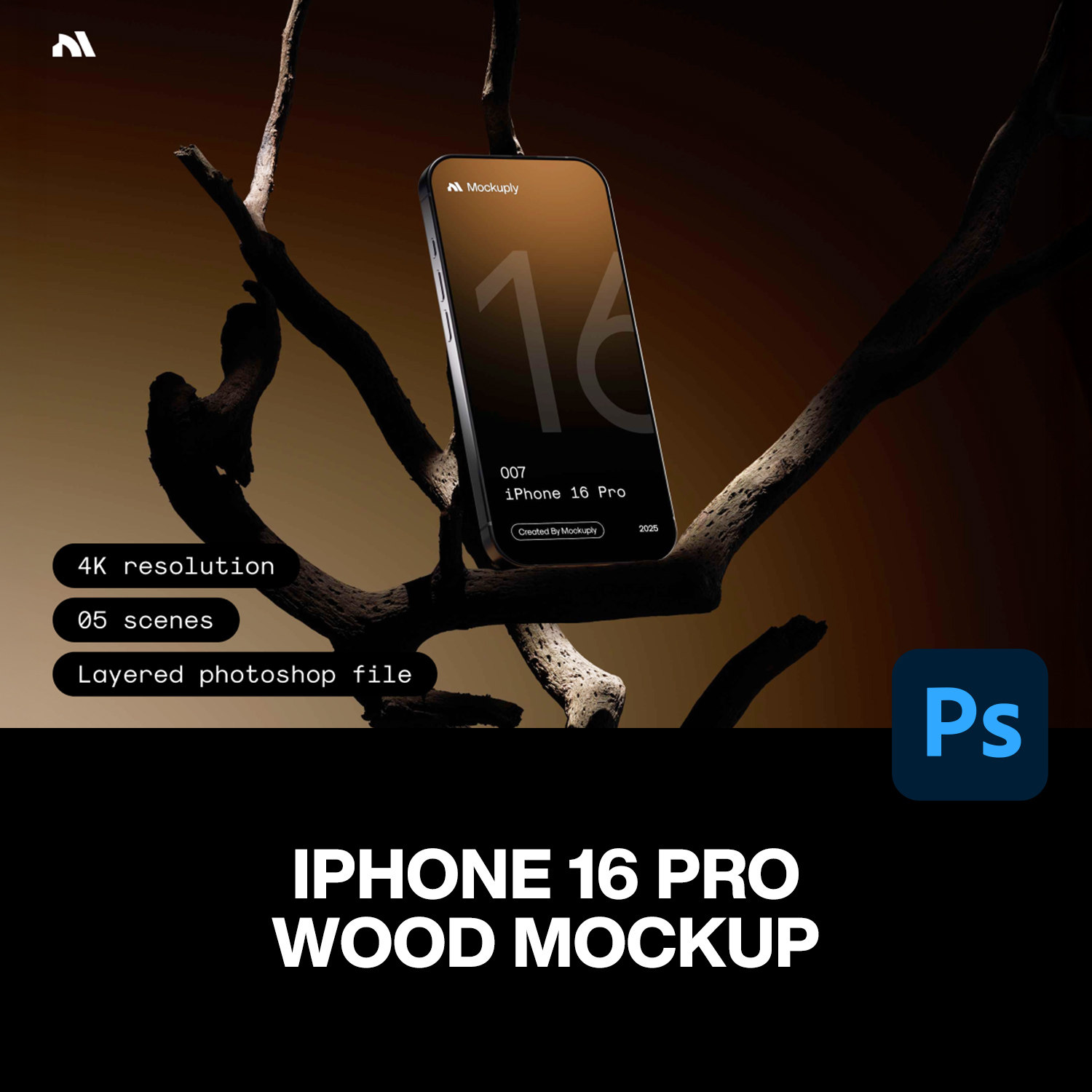 5款iPhone16手机App应用UI界面设计枯木原木场景展示效果图ps样机