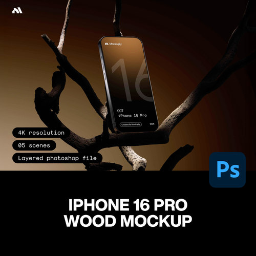 5款iPhone16手机App应用UI界面设计枯木原木场景展示效果图ps样机