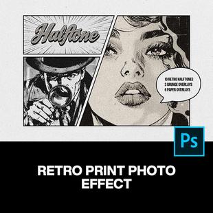 30年代复古黑白单色印刷低保真半调怀旧漫画插图ps特效样机模板