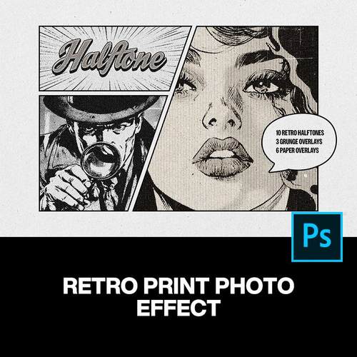 30年代复古黑白单色印刷低保真半调怀旧漫画插图ps特效样机模板