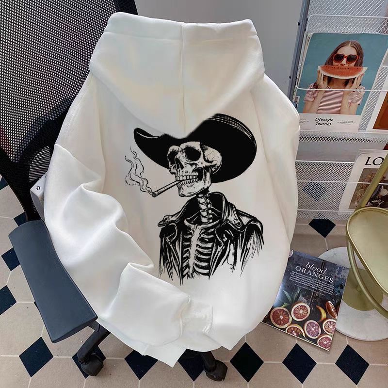 美式新款骷髅印花连帽卫衣