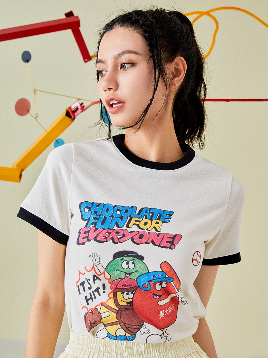 长大开飞船美式复古mm豆印花正肩t恤女显瘦短袖体恤上衣辣妹拼色