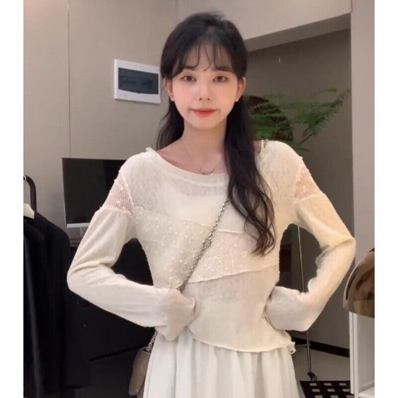 杏色不规则长袖t恤女春装新款蕾丝设计感小众短款上衣针织打底衫