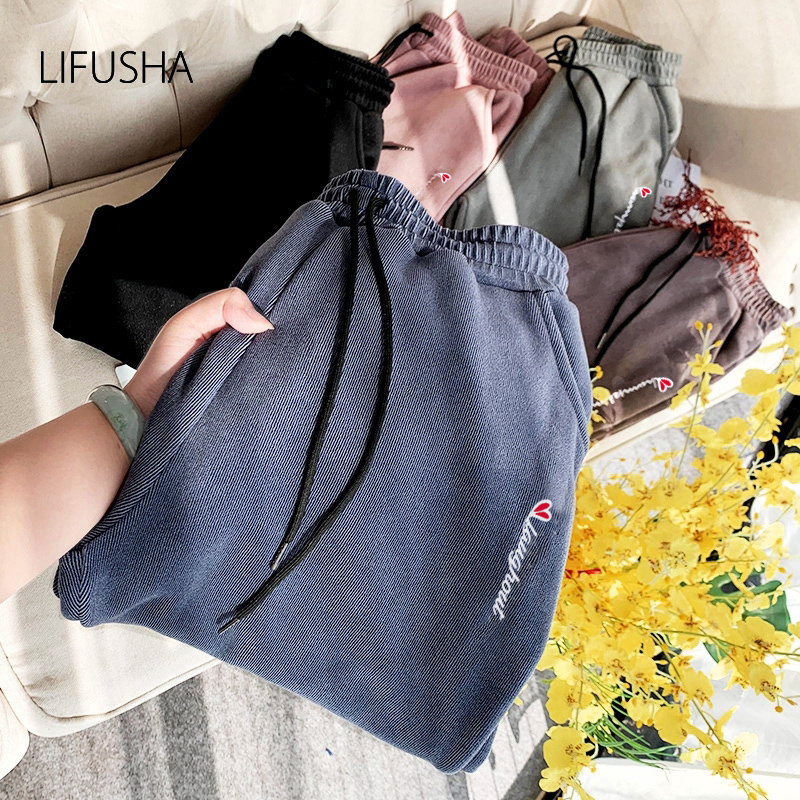 运动裤女宽松束脚秋冬ins潮灰色加绒哈伦萝卜休闲裤高腰显瘦垂感