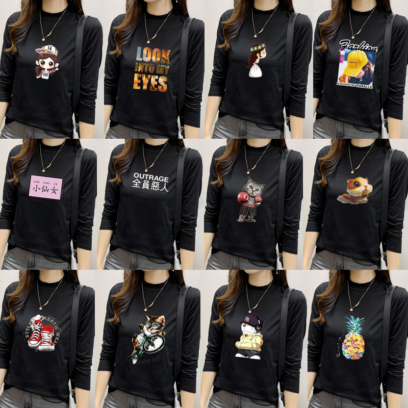 新款数字母长袖T恤女打底衫中领