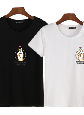 新款短袖t恤女宽松红色情侣装比心上衣服文艺男打底衫休闲套装qlz