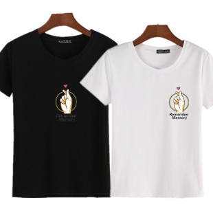 新款短袖t恤女宽松红色情侣装比心上衣服文艺男打底衫休闲套装qlz