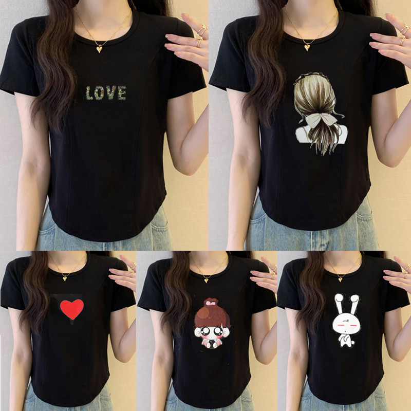 黑色不规则短袖T恤女孩子上衣