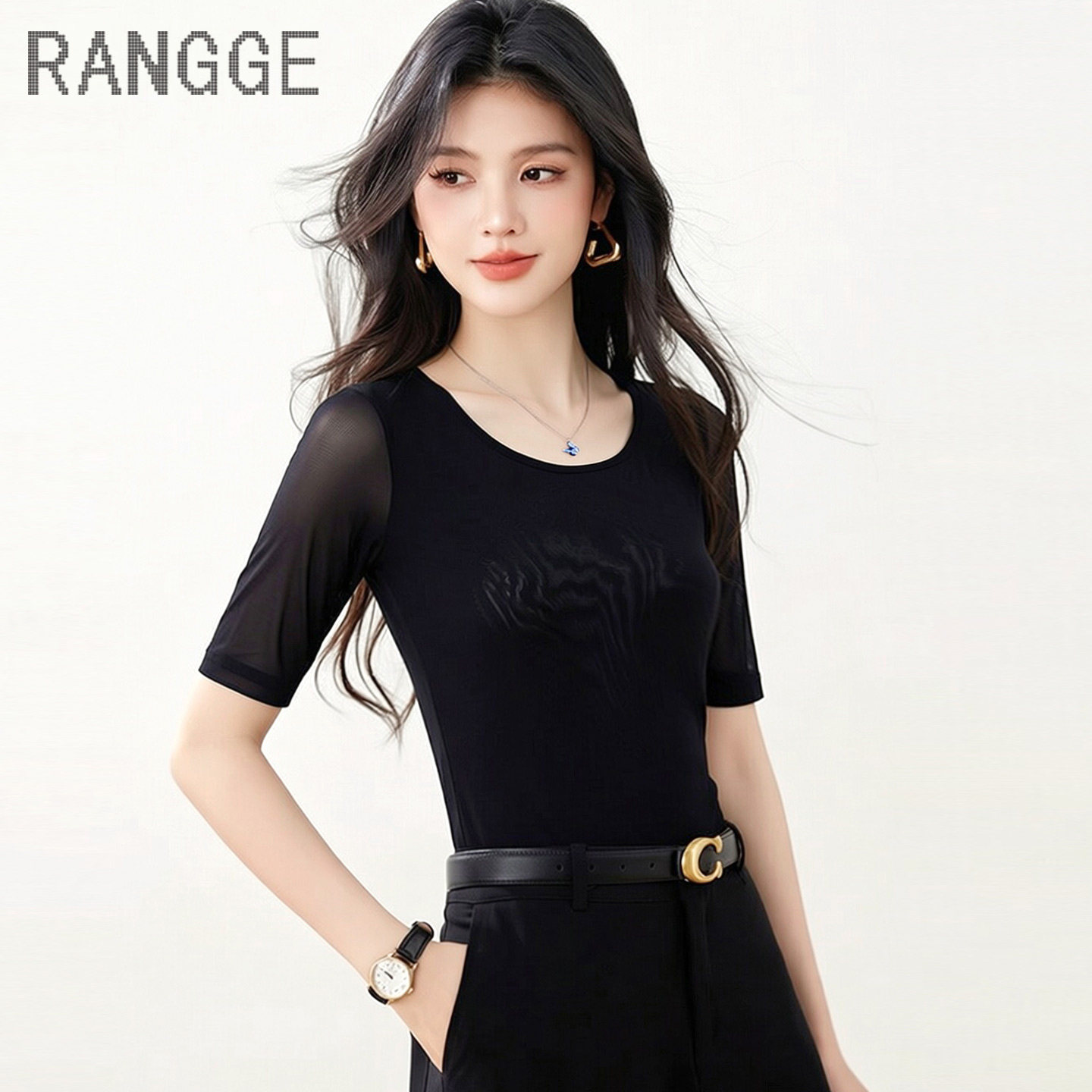 高弹力透气速干舞蹈上衣紧身形体服瑜伽服女中袖夏季圆领网纱T恤