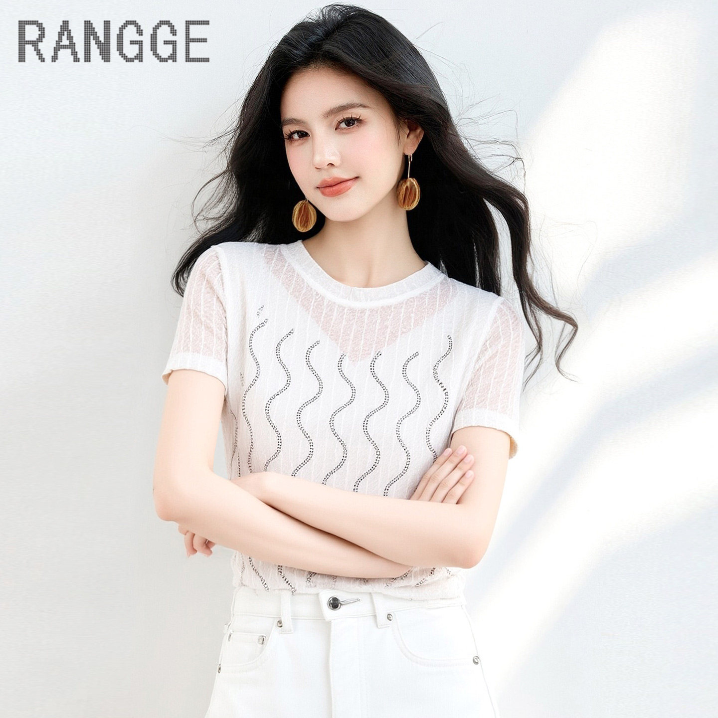 RANGGE蕾丝烫钻网纱短袖T恤女