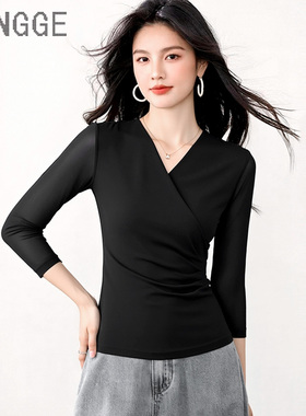 高端洋气网纱T恤女长袖薄款紧身高弹力交叉V领舞蹈上衣遮肚子显瘦