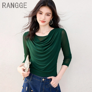 洋气荡领显瘦遮肉透气弹力舞蹈上衣秋冬长袖T恤女加绒网纱打底衫
