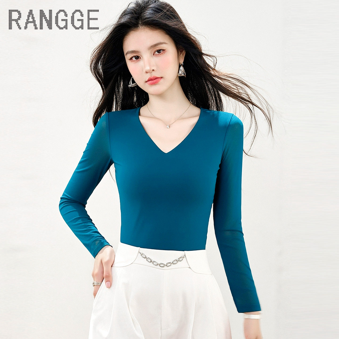 品牌修身V领长袖T恤薄款秋季高级感网纱打底衫形体训练服女高弹力