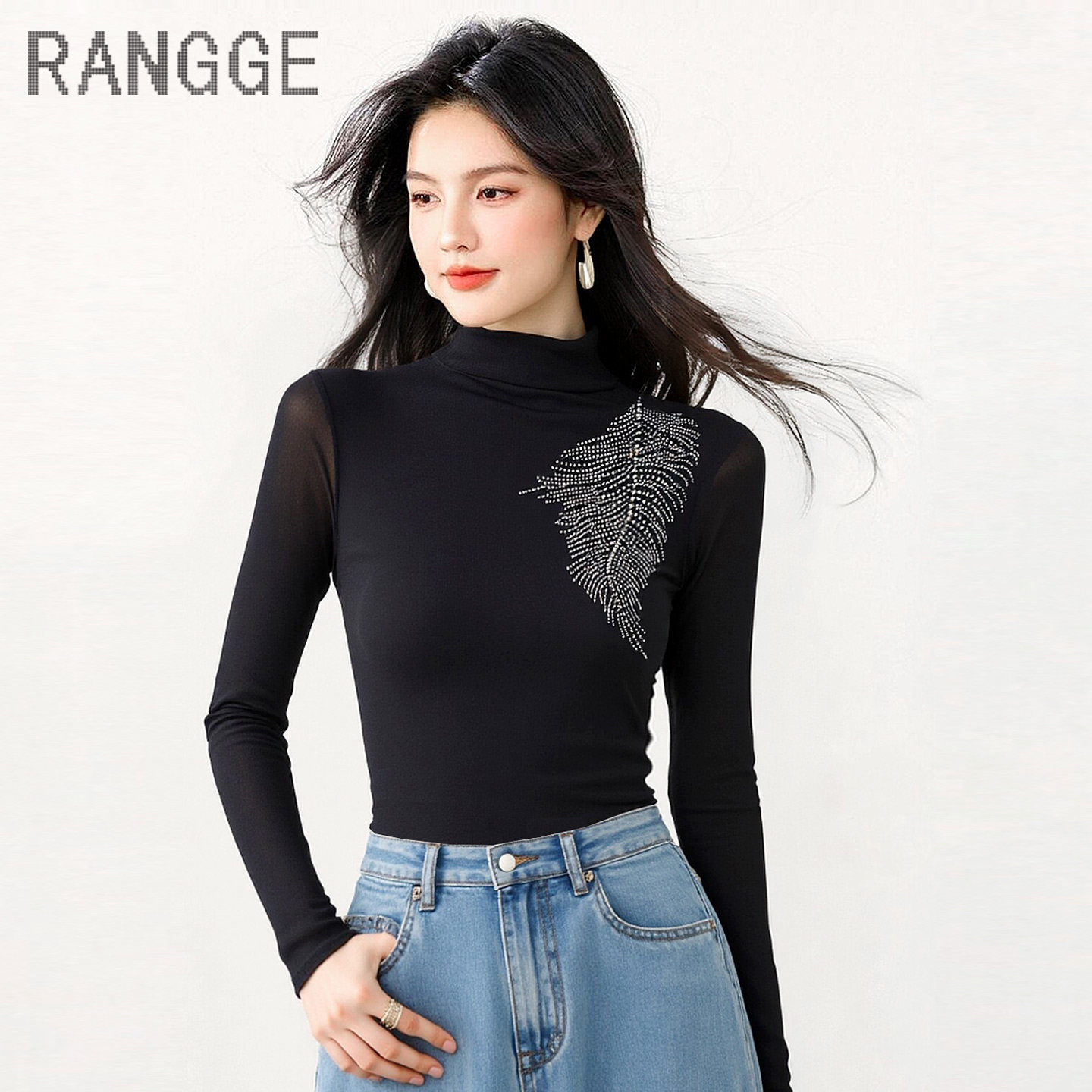 RANGGE半高领网纱修身打底衫女