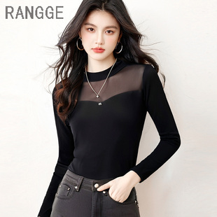 2025新款半高领加绒网纱打底衫女内搭长袖T恤洋气透纱蕾丝上衣