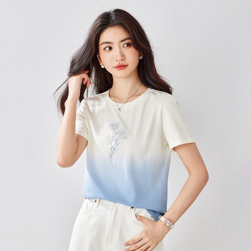 吊染渐变印花短袖t恤女2026新款夏季多巴胺独特漂亮上衣正肩体恤