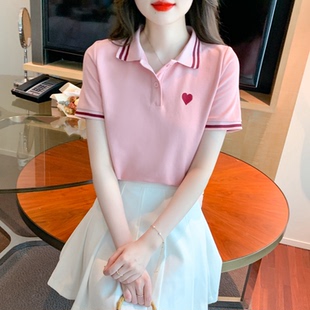 幼儿园老师园服 短袖 t恤女夏季 2025新款 学院风爱心刺绣粉色polo衫