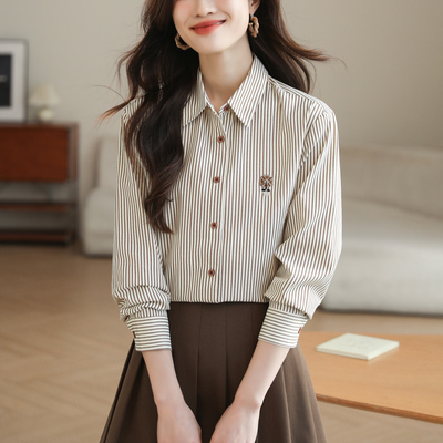 条纹衬衫女春装刺绣百搭衬衣