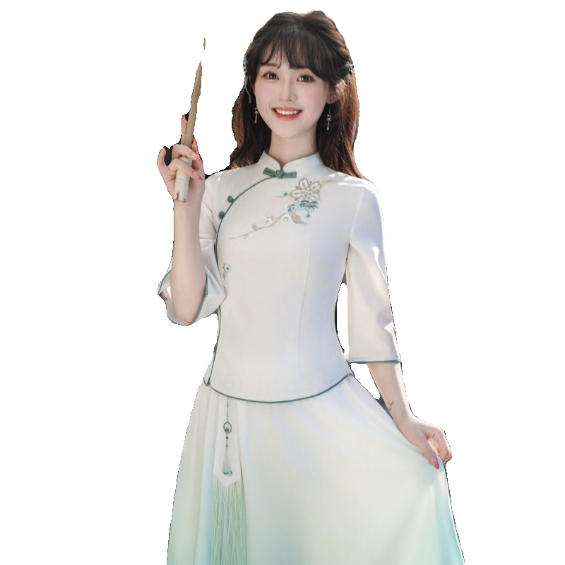中国风改良旗袍上衣少女年轻款日常汉服套装裙中式绣花唐装茶艺服