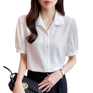 白衬衫女短袖夏装2026新款法式高级感面试职业上衣泡泡袖雪纺衬衣