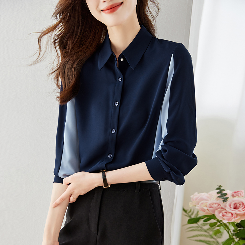 雪纺衬衫女春装撞色长袖衬衣