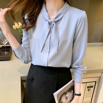 长袖缎面衬衫女领结通勤风显瘦
