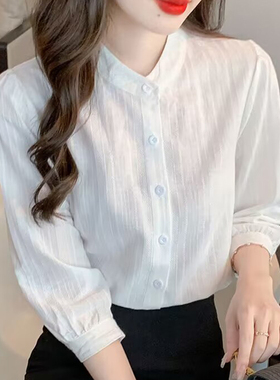 立领棉麻白色衬衫女长袖2026春装新款宽松百搭七分袖上衣薄款衬衣