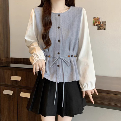 假两件灯芯绒衬衫女秋季收腰衬衣