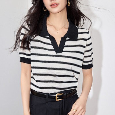 短袖t恤女新建薄款条纹针织衫