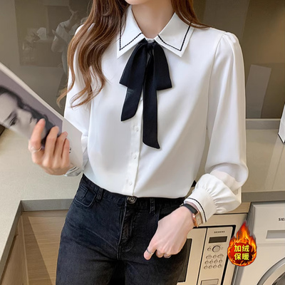 加绒蝴蝶结衬衫女秋冬职业装上衣