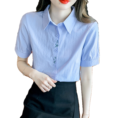 短袖纯棉衬衫泡泡袖法式刺绣百搭