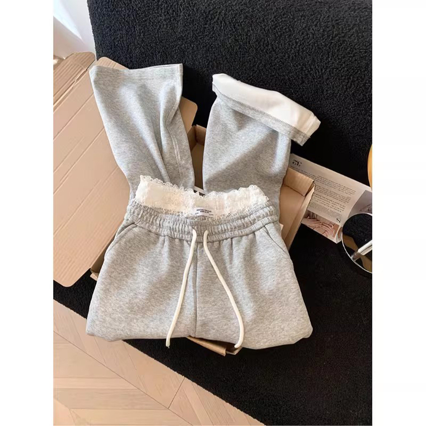 阔腿裤女2026春季新款蕾丝拼接高腰运动裤宽松显瘦拖地裤休闲卫裤,女装/女士精品,休闲裤,淘宝优惠券,粉丝福利购,淘宝优惠卷