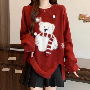 红色毛衣女2025新款冬季加厚圣诞新年战袍大码胖mm宽松开叉针织衫