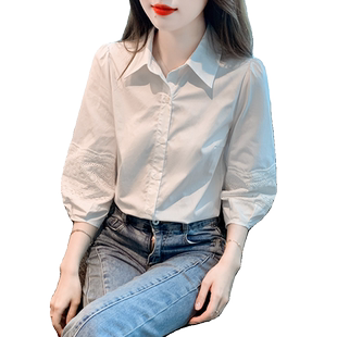 白衬衫女七分袖2026夏季新款法式刺绣镂空灯笼袖纯棉衬衣中袖上衣