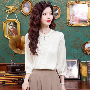 七分袖衬衫女夏季2025新款国风刺绣盘扣新中式上衣配马面裙的衬衣