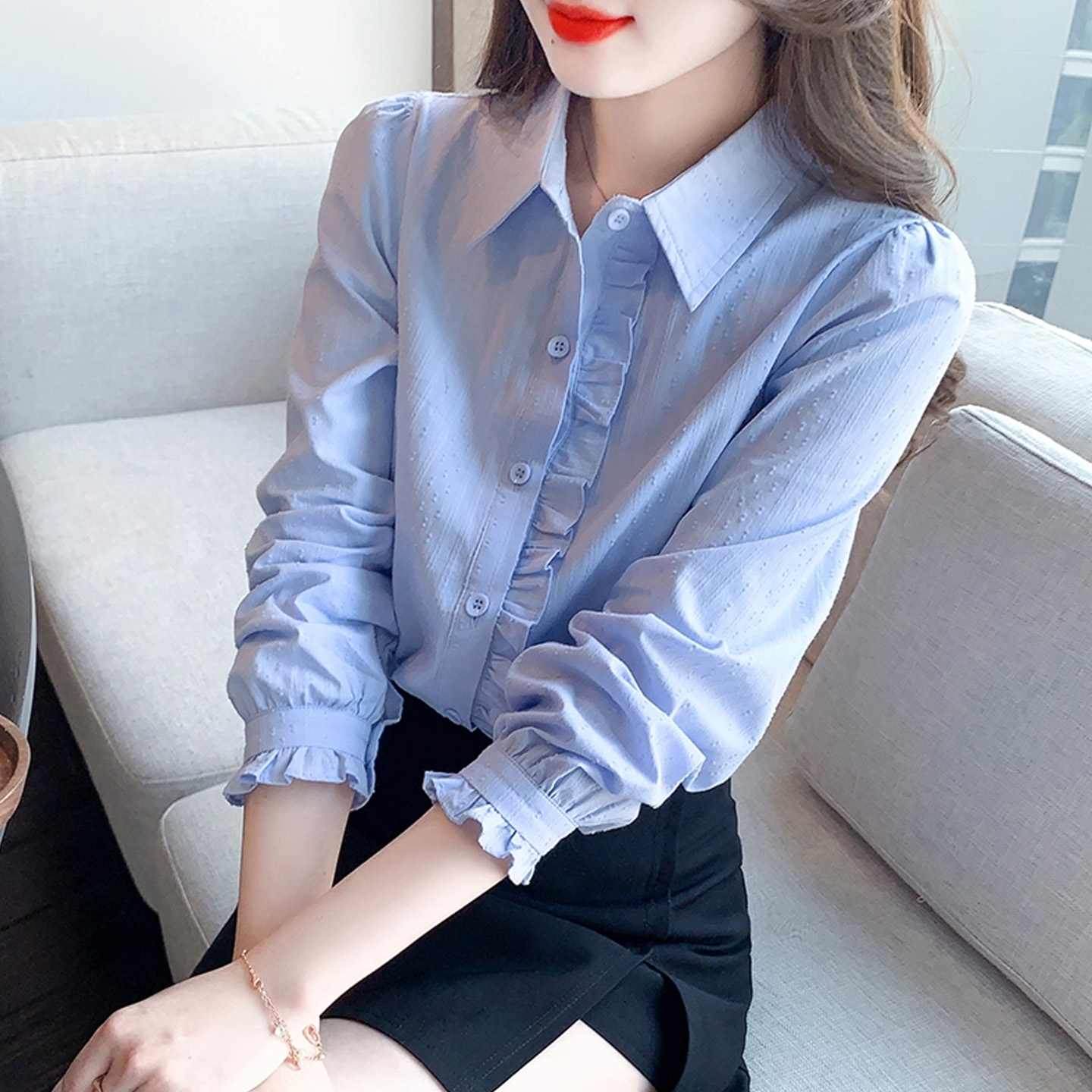 蓝色衬衫女独特漂亮早秋长袖上衣