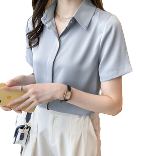 抗皱缎面短袖衬衫女夏季新款高级感气质面试上衣职业正装白色衬衣