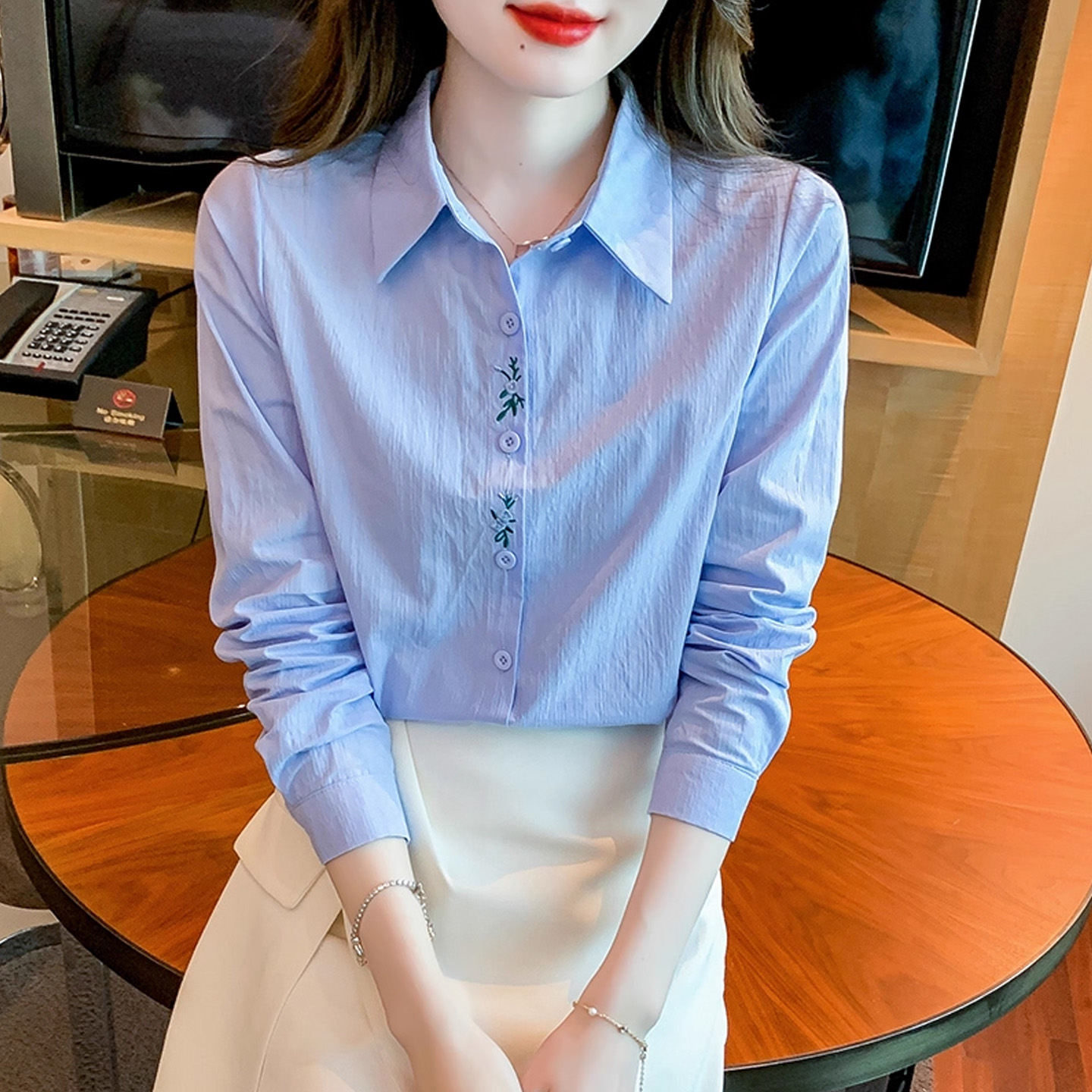 蓝色衬衫秋季蓝色衬衫女2025秋季